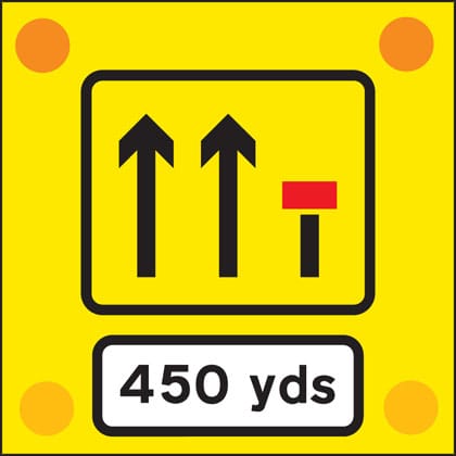 Signs used on the back of slow-moving or stationary vehicles warning of a lane closed ahead by a works vehicle. There are no cones on the road. - Image 1